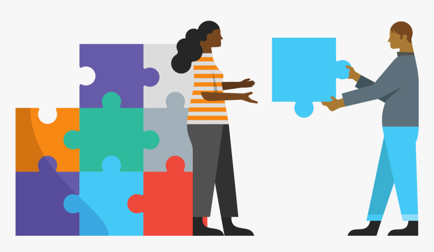 Two business professionals connecting pieces of a collaborative solution